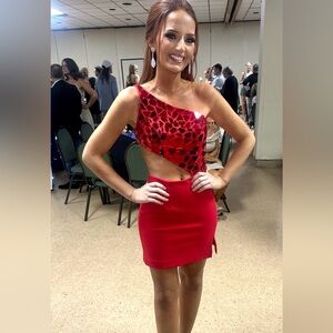 Sherri Hill Vibrant Red One-Shoulder Dress with mirrors and cutout